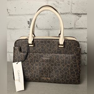 NWT Calvin Klein Paulina Monogram Satchel Handbag Brown/Beige